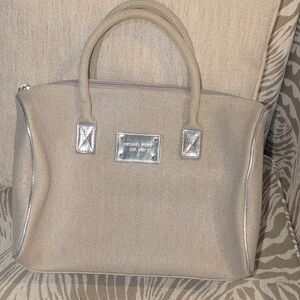Michael Kors Tan Canvas Satchel with Silver Leather Trim And Details